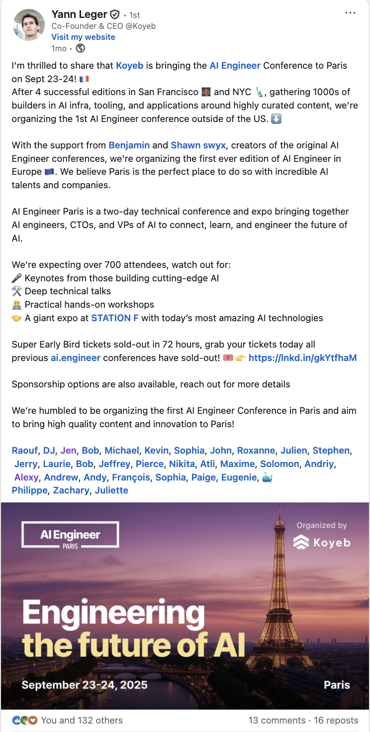 AI Engineer Paris Announcement on LinkedIn