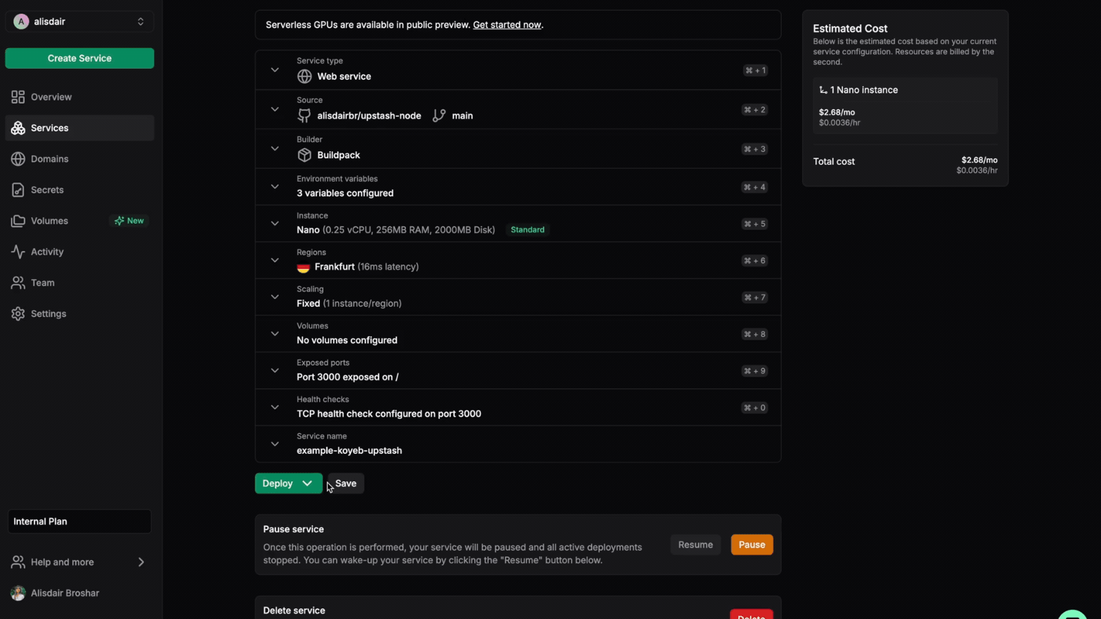 Deploy with rebuild on service settings page